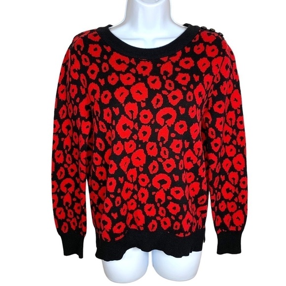 Vintage Kim Rogers Petite Medium Red Black Leopard Print Sweater Cotton - Picture 1 of 8